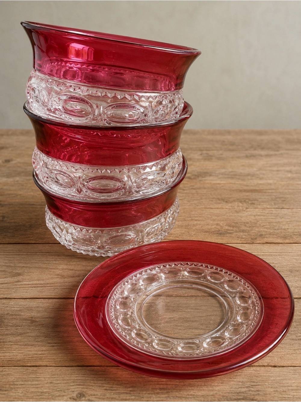 Vintage Red & Clear Pressed Glass Nesting  Bowls and Saucer Mid Century